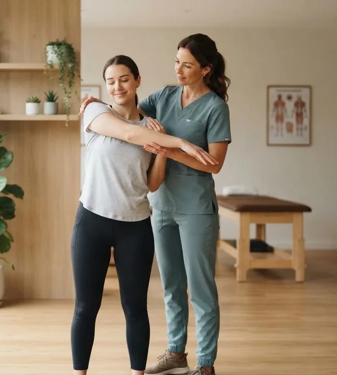 Patient being guided through a rehabilitation exercise by a physiotherapist